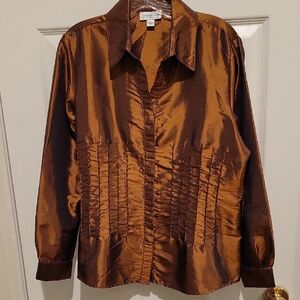 Coldwater Creek Pintucked Beaded Metallic Bronze Brown Botton Down Shirt/Shell